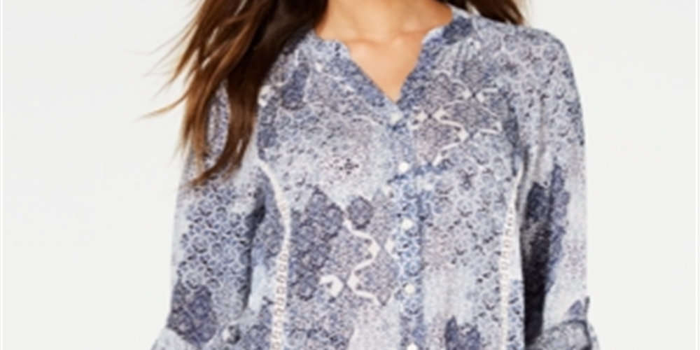 Blusa feminina estampada estilo &amp; co, de botões altos e baixos, azul, tamanho X-S