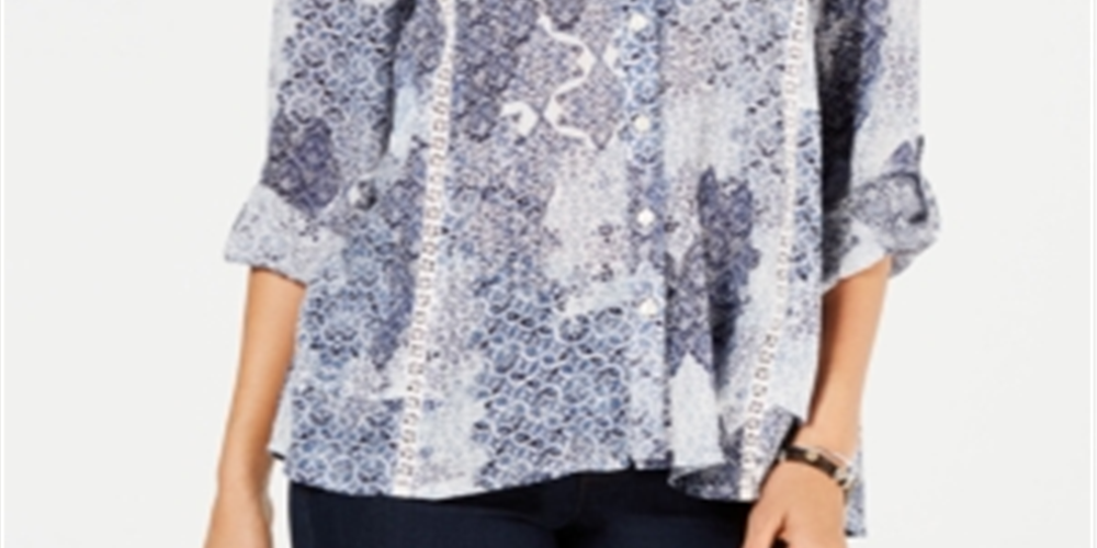 Blusa feminina estampada estilo &amp; co, de botões altos e baixos, azul, tamanho X-S