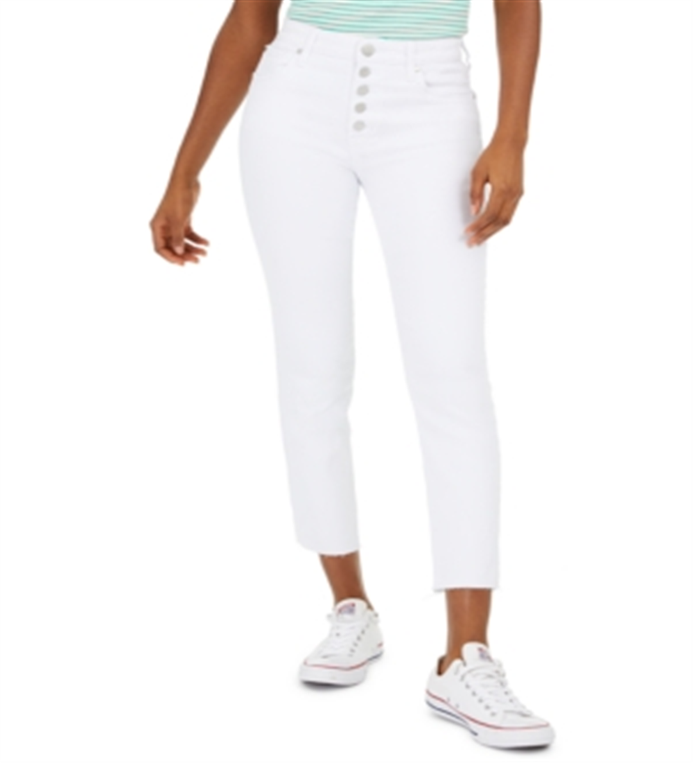 Calça jeans feminina Greene St. Denim com botões e perna reta, branca, tamanho 31
