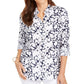 Camisa feminina Charter Club com estampa floral e botões na frente, em mistura de linho, azul, tamanho pequeno GG