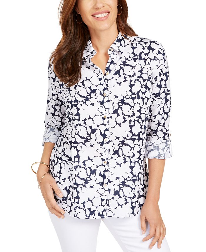 Camisa feminina Charter Club com estampa floral e botões na frente, em mistura de linho, azul, tamanho pequeno GG