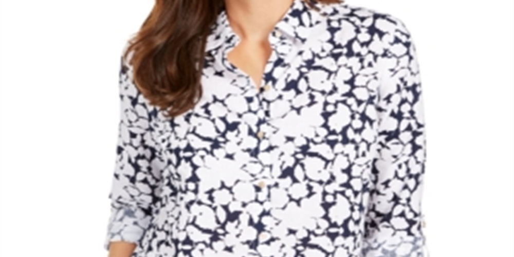 Camisa feminina Charter Club com estampa floral e botões na frente, em mistura de linho, azul, tamanho pequeno GG