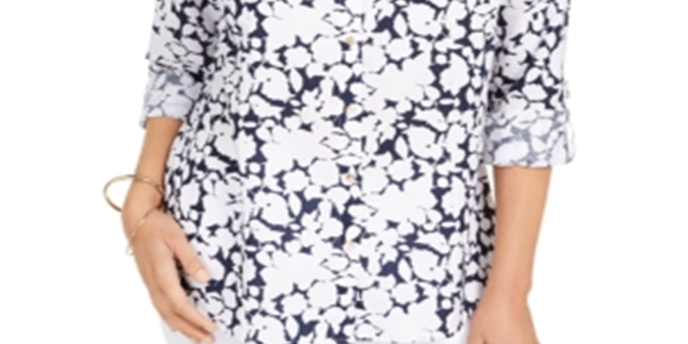Camisa feminina Charter Club com estampa floral e botões na frente, em mistura de linho, azul, tamanho pequeno GG