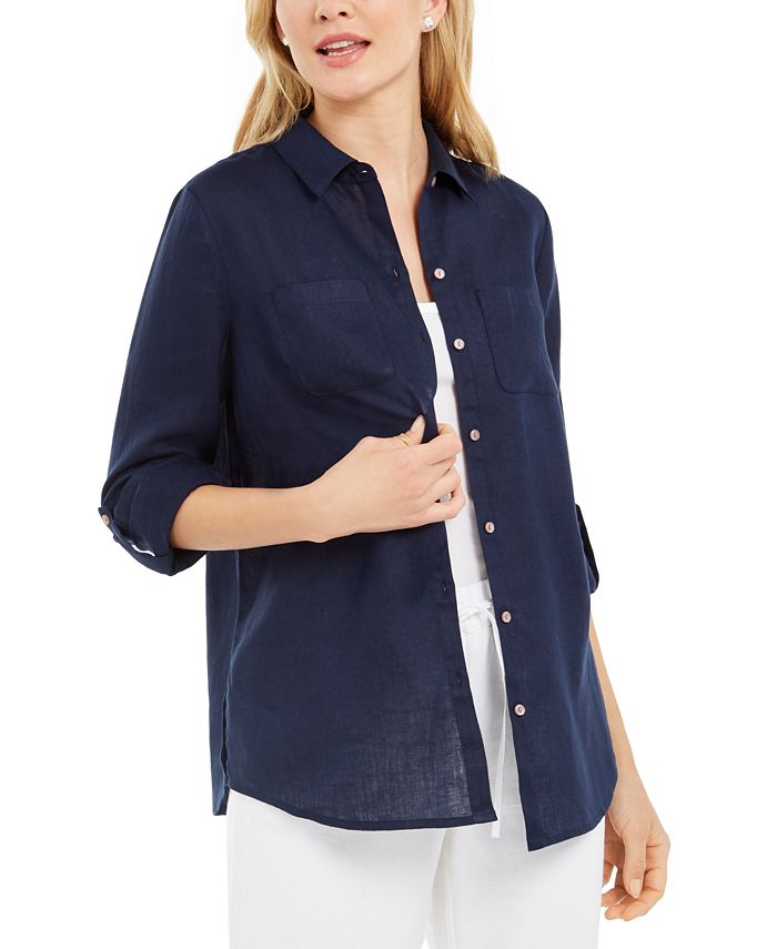 Camisa de linho feminina Charter Club azul tamanho X-G