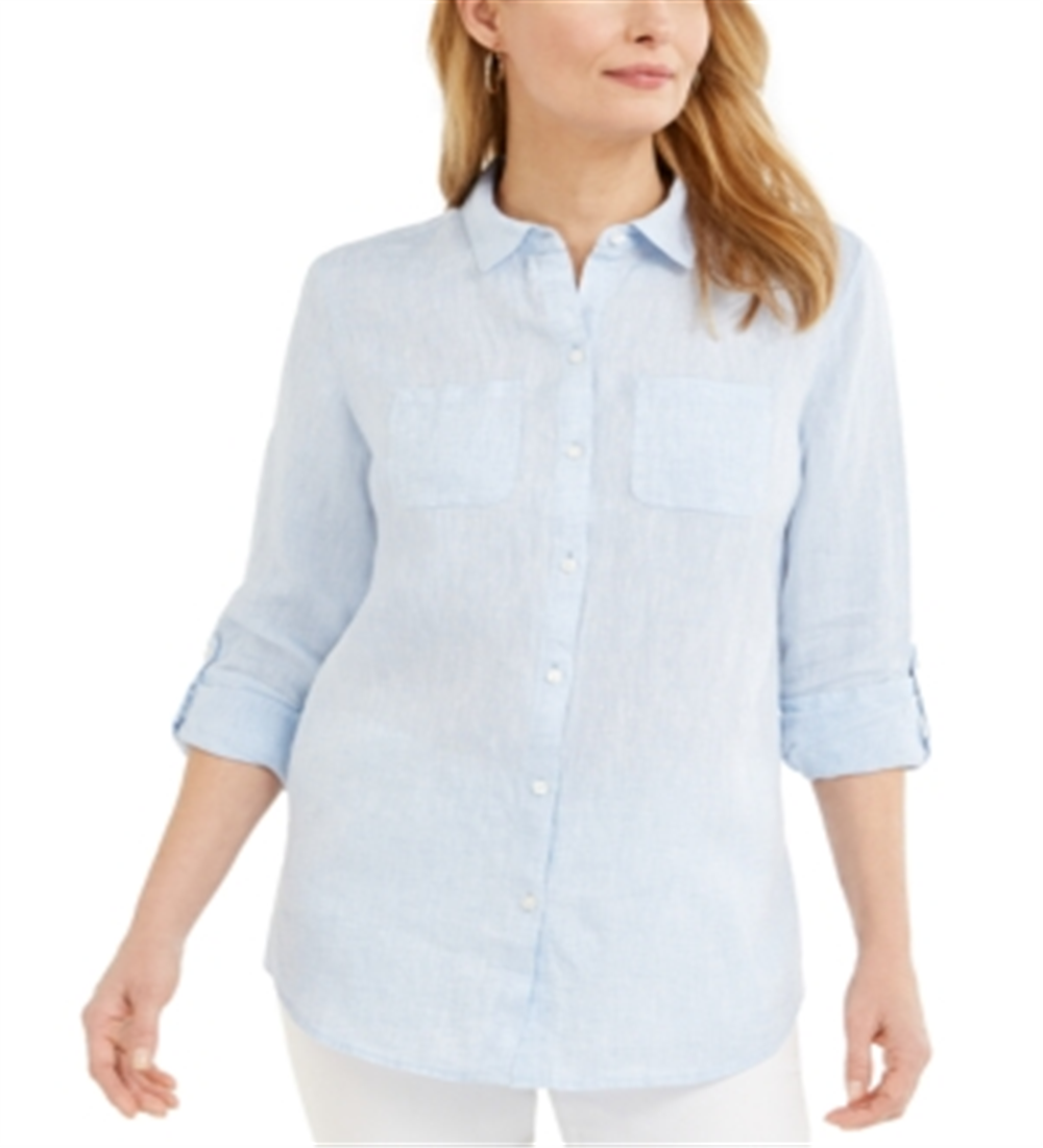 Camisa de linho feminina Charter Club azul tamanho X-G