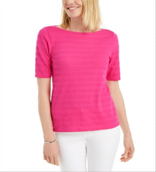 Charter Club Women's Cotton Texture Striped Elbow Sleeve Top Pink Size XX-Large