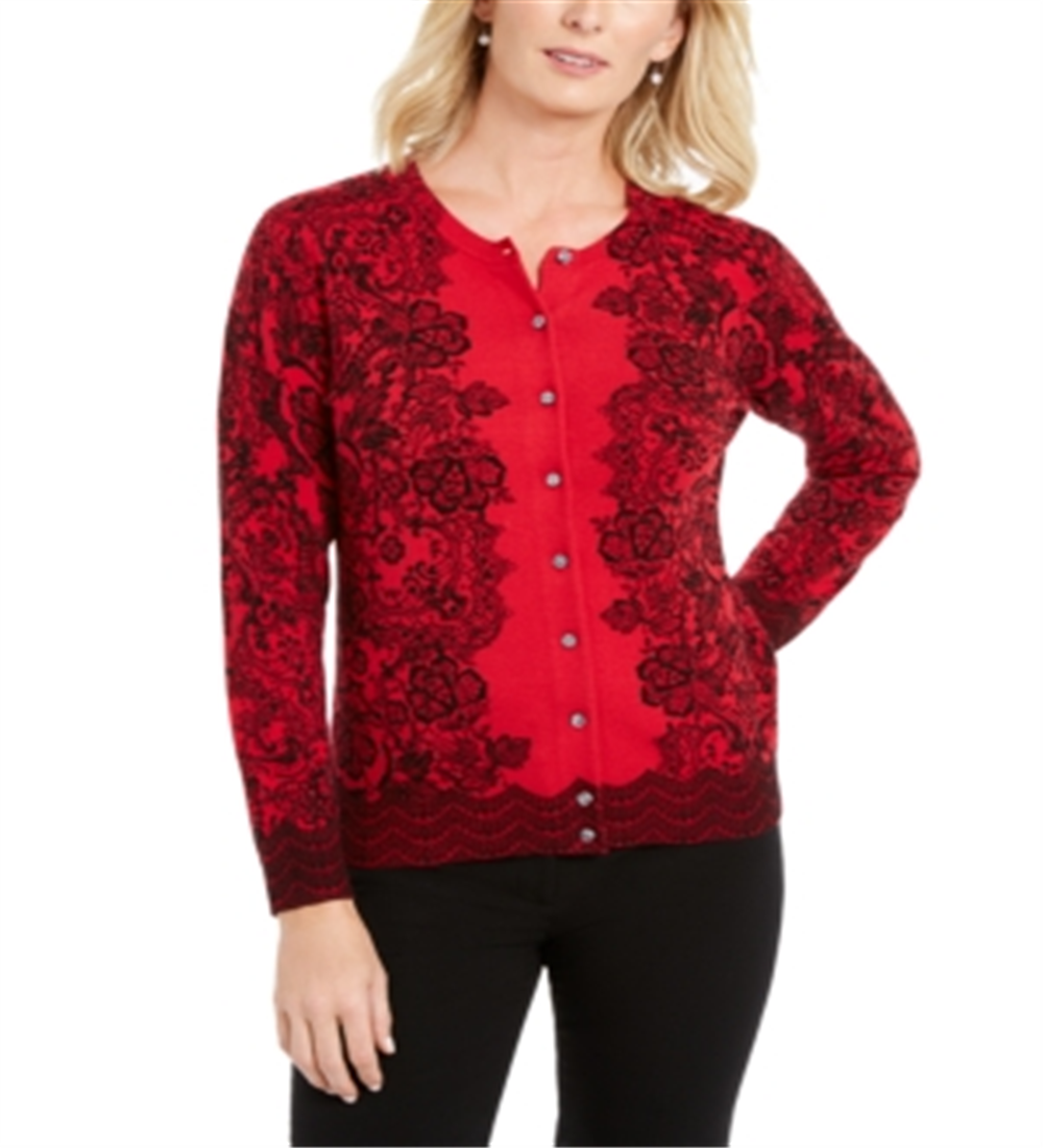 Karen Scott Cardigan Feminino Lace Trails Vermelho Tamanho Pequeno