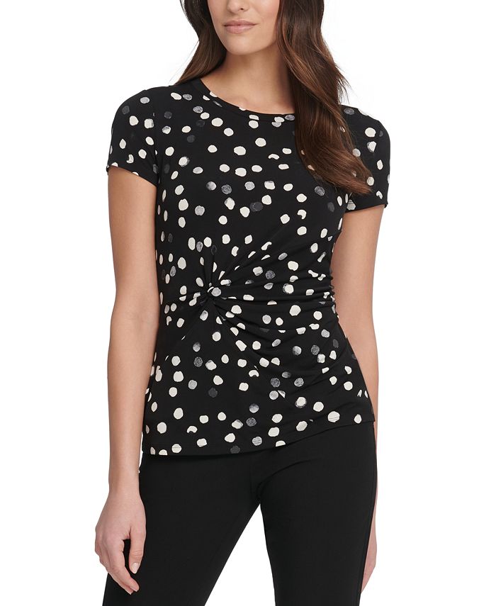 Top DKNY Feminino com Estampa de Bolinhas e Nó Lateral Cinza Tamanho Médio