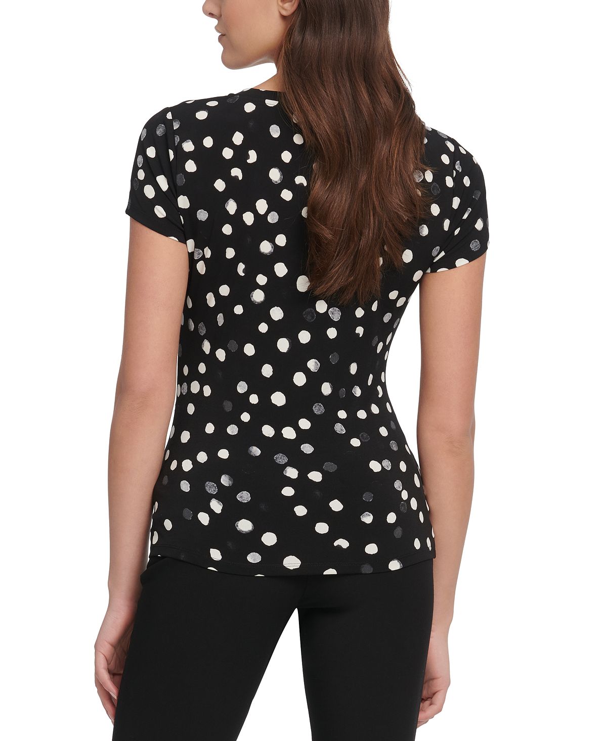 Top DKNY Feminino com Estampa de Bolinhas e Nó Lateral Cinza Tamanho Médio