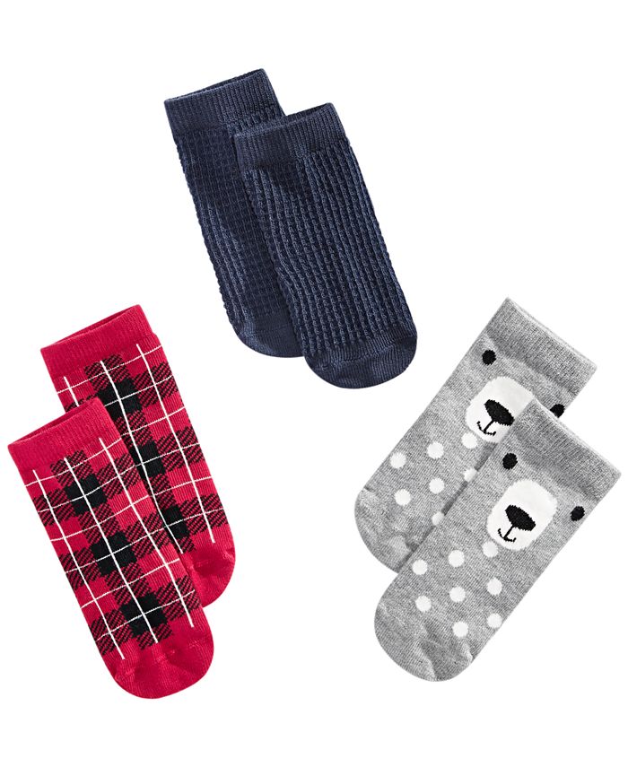 First Impressions Baby Plaid / Grid / Bear 3 pares de meias vermelhas tamanho 0-6 meses