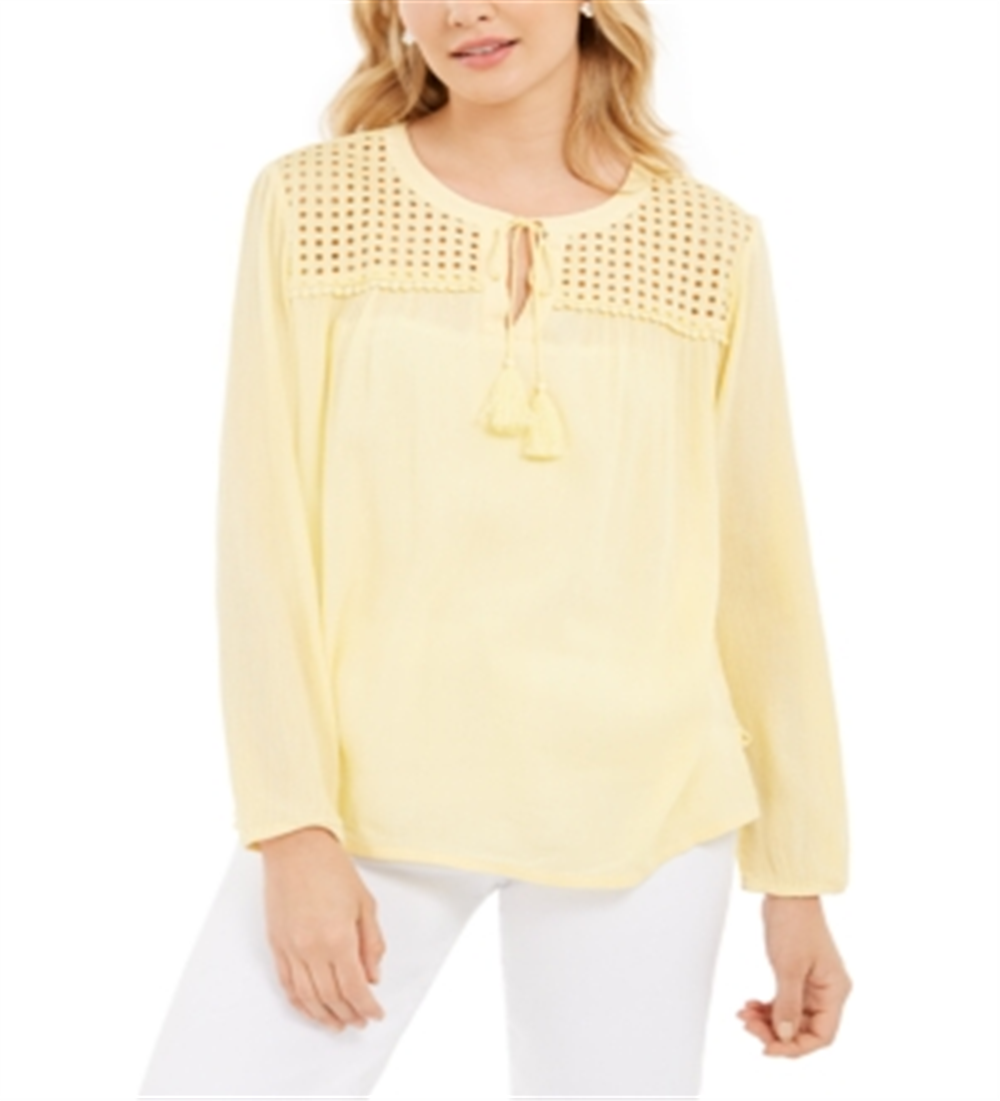 Charter Club Feminino Borla Amarração Ilhós Linho Top Amarelo Tamanho P