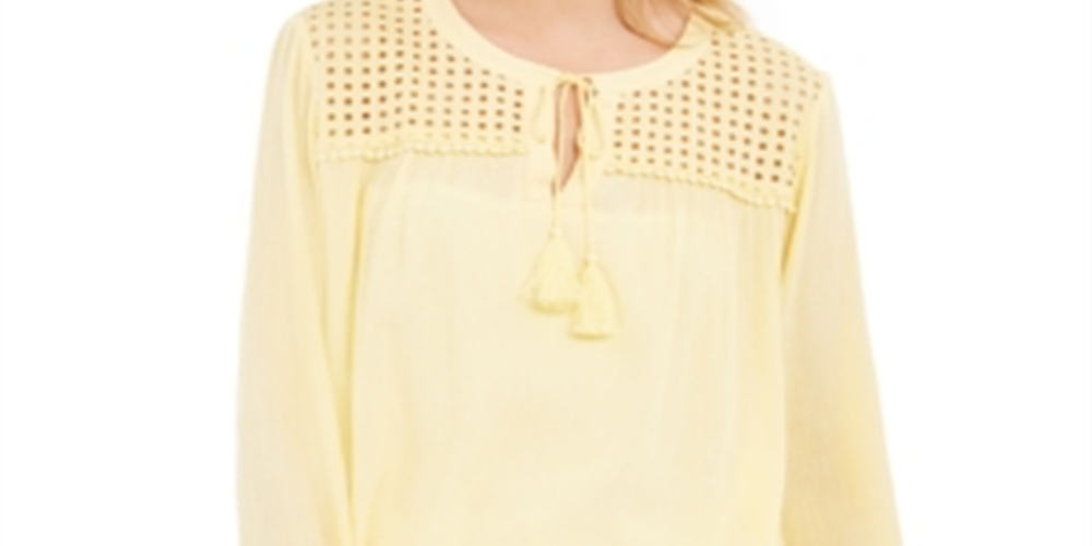 Charter Club Feminino Borla Amarração Ilhós Linho Top Amarelo Tamanho P