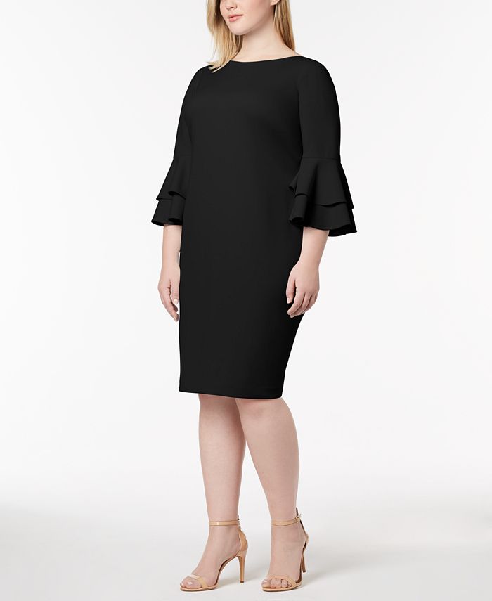 Vestido de festa Calvin Klein feminino, mangas bufantes, gola alta, comprimento até o joelho, tamanho 14W, preto