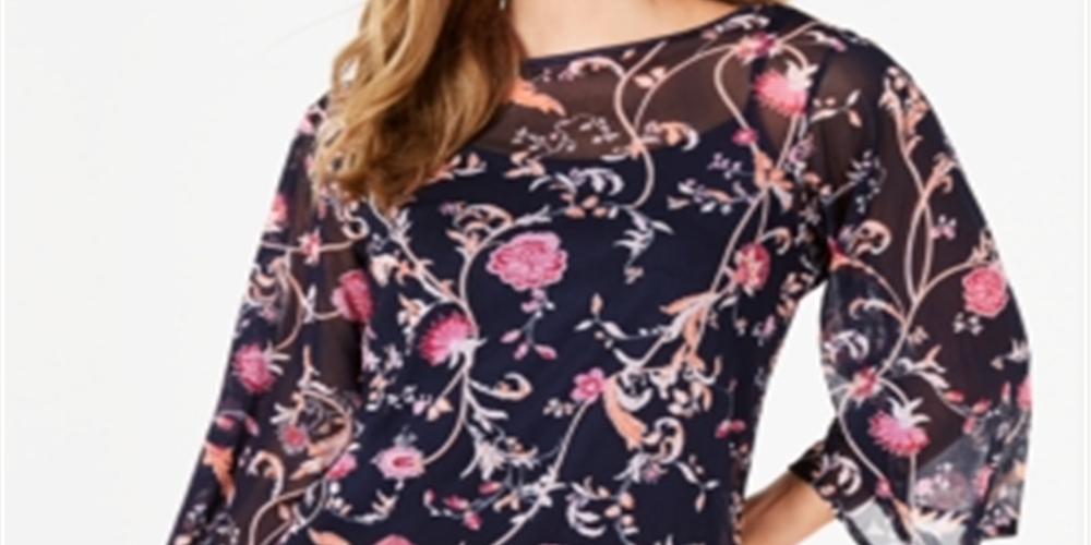 Charter Club Blusa feminina estampada com manga sino, azul, tamanho pequeno