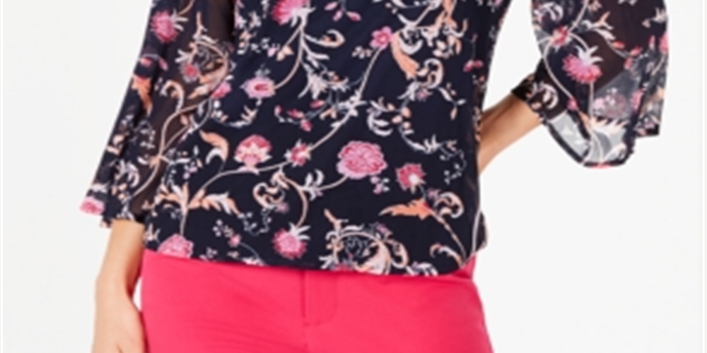Charter Club Blusa feminina estampada com manga sino, azul, tamanho pequeno