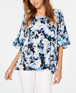 Blusa feminina Alfani com estampa floral e babados, azul, tamanho G