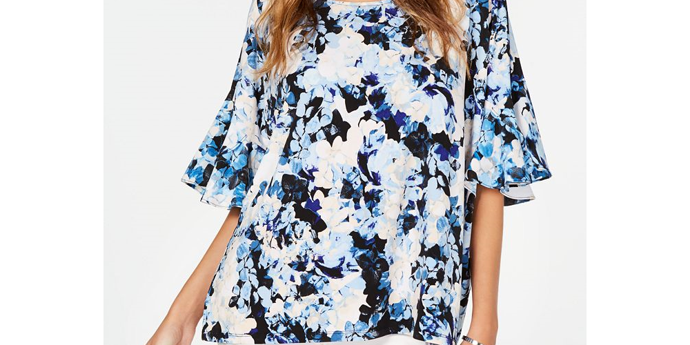 Blusa feminina Alfani com estampa floral e babados, azul, tamanho G