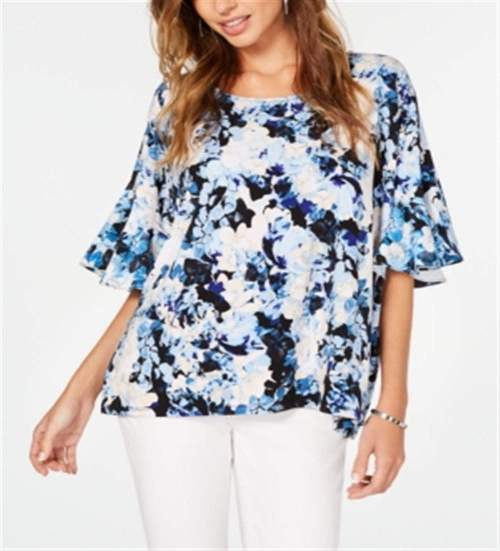 Blusa feminina Alfani com estampa floral e babados, azul, tamanho G