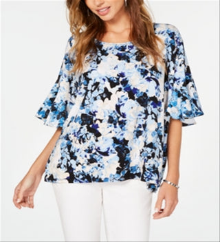 Blusa feminina Alfani com estampa floral e babados, azul, tamanho G