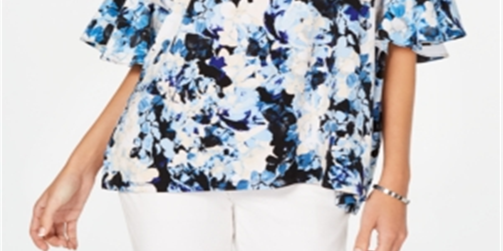 Blusa feminina Alfani com estampa floral e babados, azul, tamanho G
