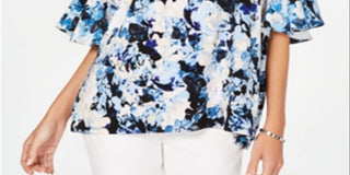 Blusa feminina Alfani com estampa floral e babados, azul, tamanho G