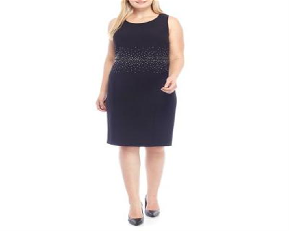 Vestido feminino Kasper sem mangas com decote em joia e comprimento até o joelho, preto, tamanho 24W