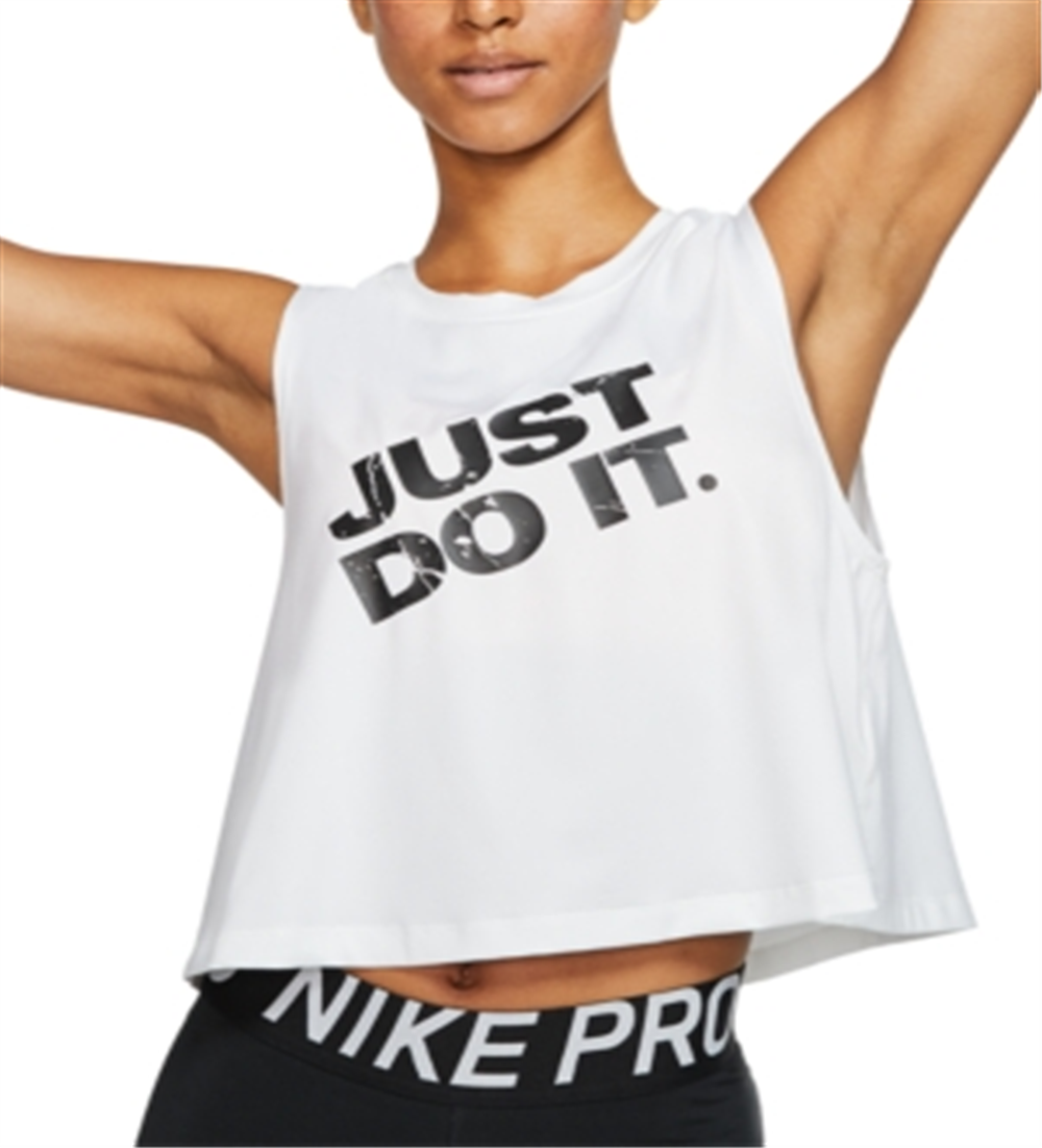 Camiseta regata feminina Nike com estampa de logotipo, sem mangas, gola redonda, branca, tamanho pequeno