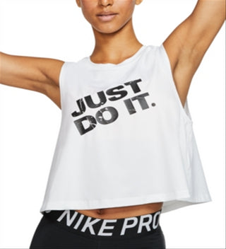 Camiseta regata feminina Nike com estampa de logotipo, sem mangas, gola redonda, branca, tamanho pequeno
