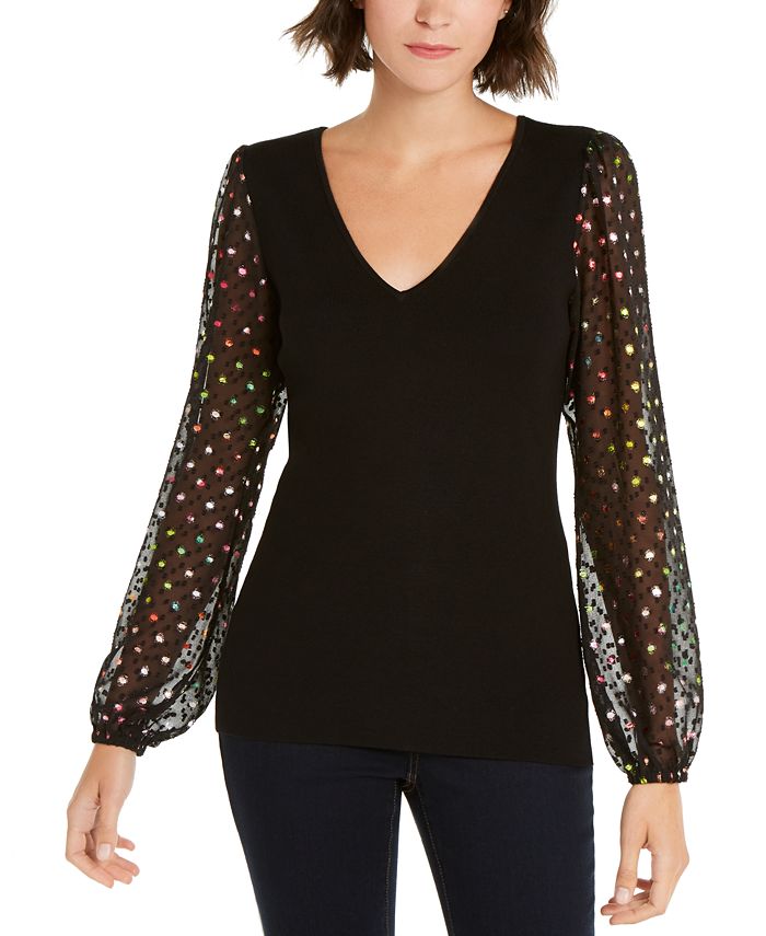 Suéter feminino metálico com bolinhas e malha da INC International Concepts, tamanho pequeno, preto