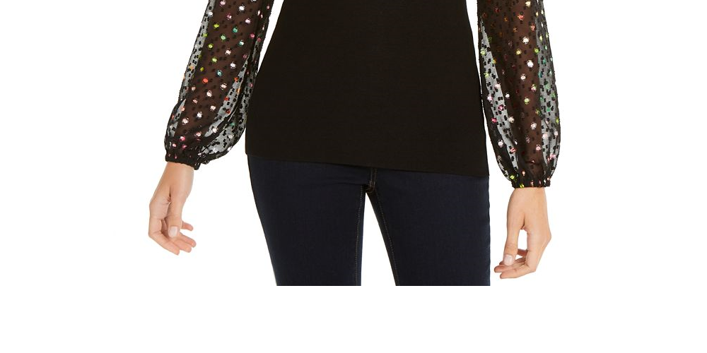 Suéter feminino metálico com bolinhas e malha da INC International Concepts, tamanho pequeno, preto