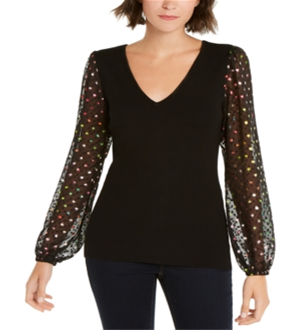 Suéter feminino metálico com bolinhas e malha da INC International Concepts, tamanho pequeno, preto