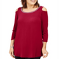 JM Collection Top feminino com ombros descobertos e detalhes em vermelho, tamanho X-S