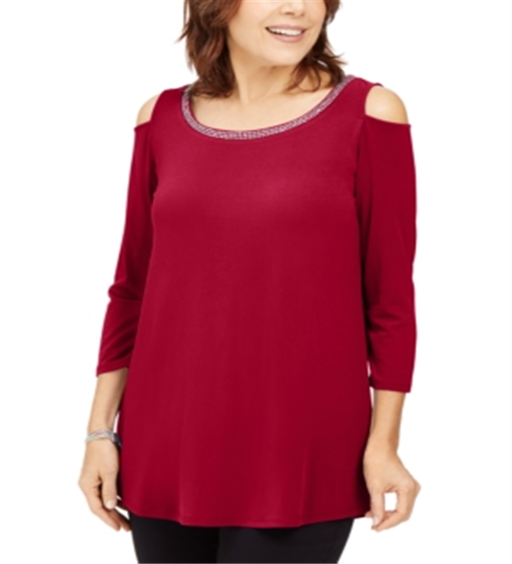 JM Collection Top feminino com ombros descobertos e detalhes em vermelho, tamanho X-S