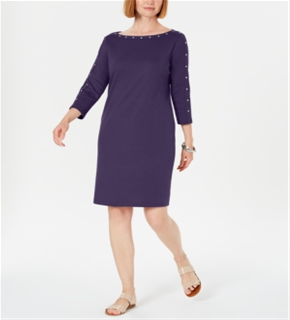 Vestido feminino Karen Scott de algodão com tachas e manga 3/4, roxo, tamanho GG