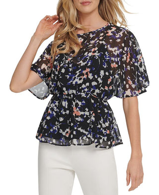 DKNY Women's Printed Short Sleeve Jewel Neck Top Black Size Large