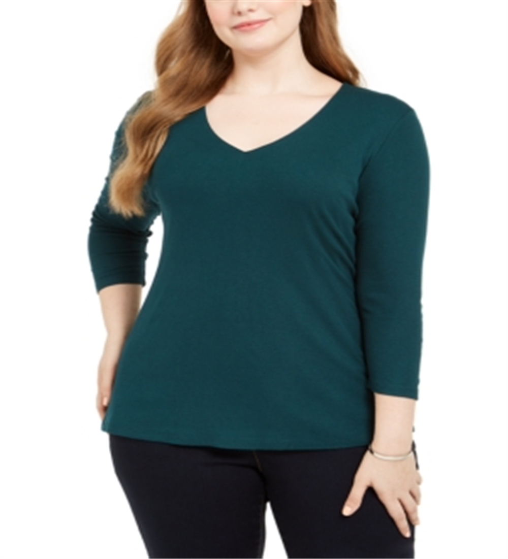INC International Concepts Top feminino plus size canelado com decote em V, verde, tamanho 0X