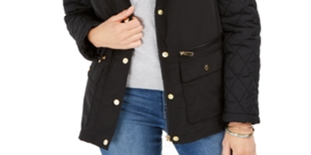 Jaqueta acolchoada com capuz feminina Charter Club, preta, tamanho médio