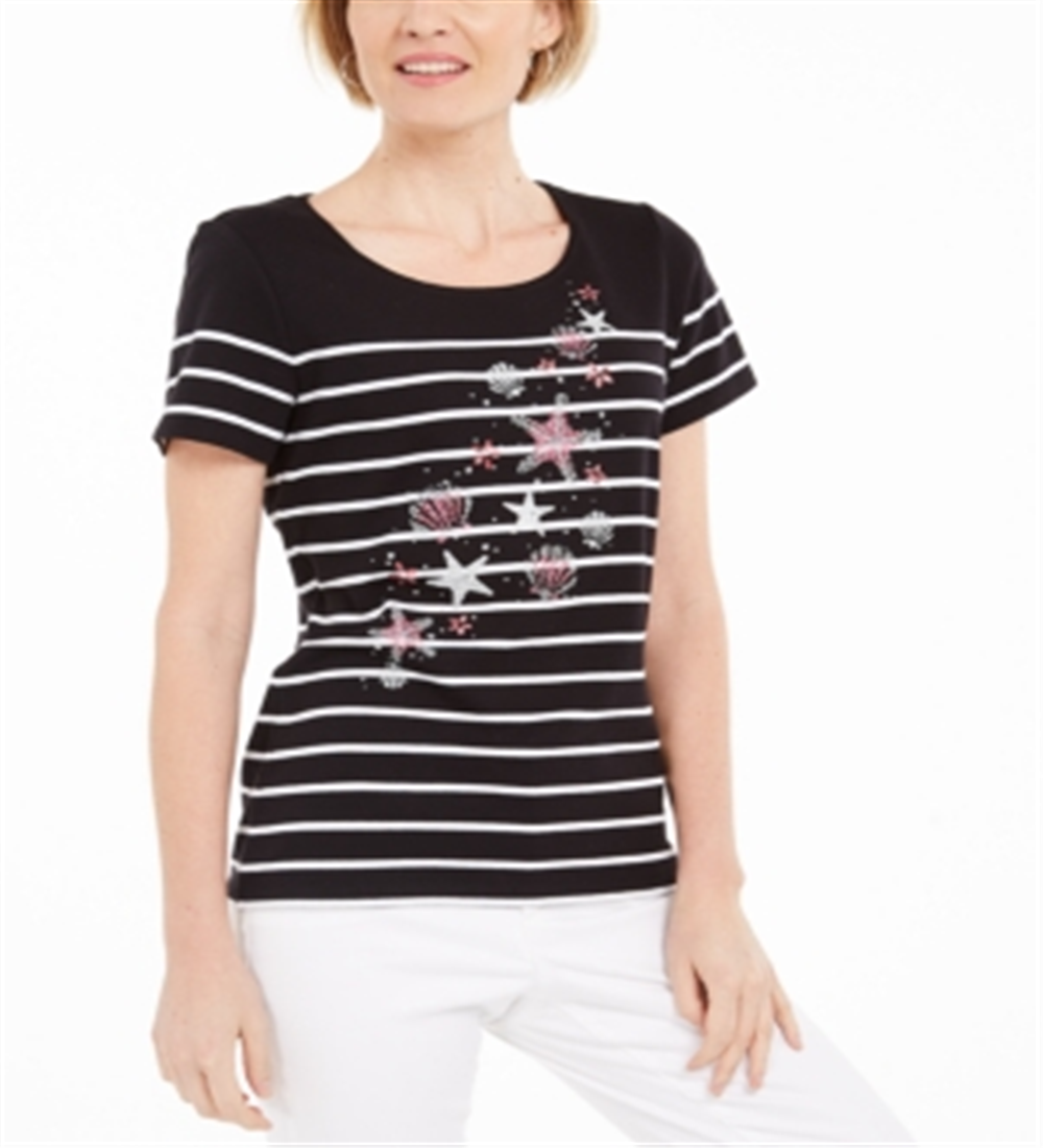 Camiseta feminina listrada com conchas Karen Scott, preta, tamanho XS