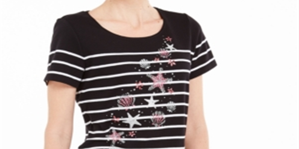 Camiseta feminina listrada com conchas Karen Scott, preta, tamanho XS