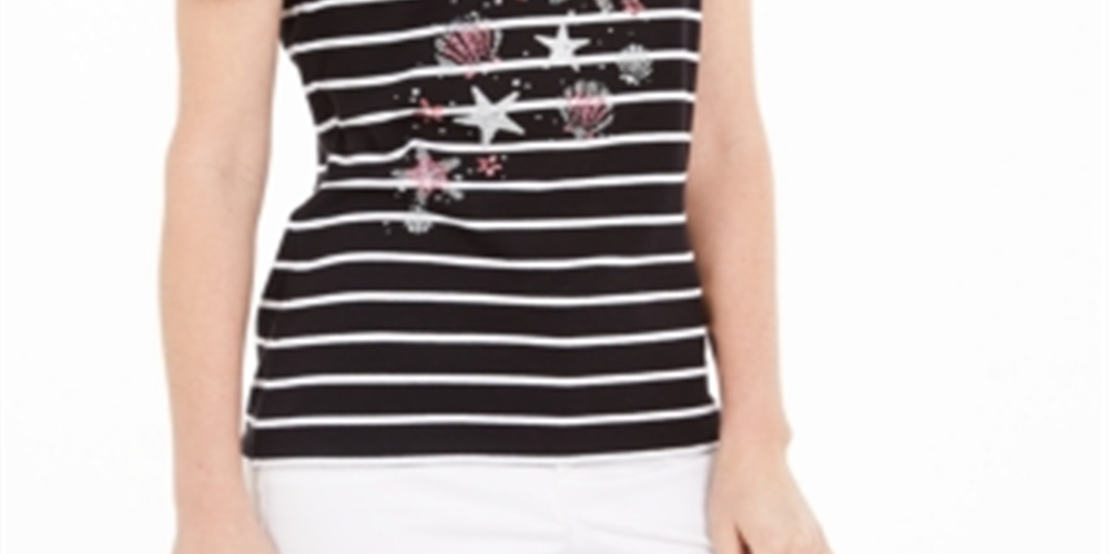 Camiseta feminina listrada com conchas Karen Scott, preta, tamanho XS