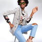 Blazer xadrez feminino Bar III com frente aberta, cinza, tamanho médio