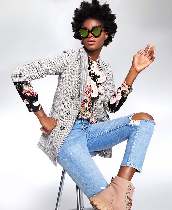 Blazer xadrez feminino Bar III com frente aberta, cinza, tamanho médio
