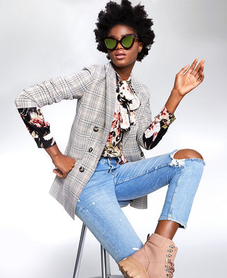 Blazer xadrez feminino Bar III com frente aberta, cinza, tamanho médio