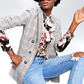 Blazer xadrez feminino Bar III com frente aberta, cinza, tamanho médio