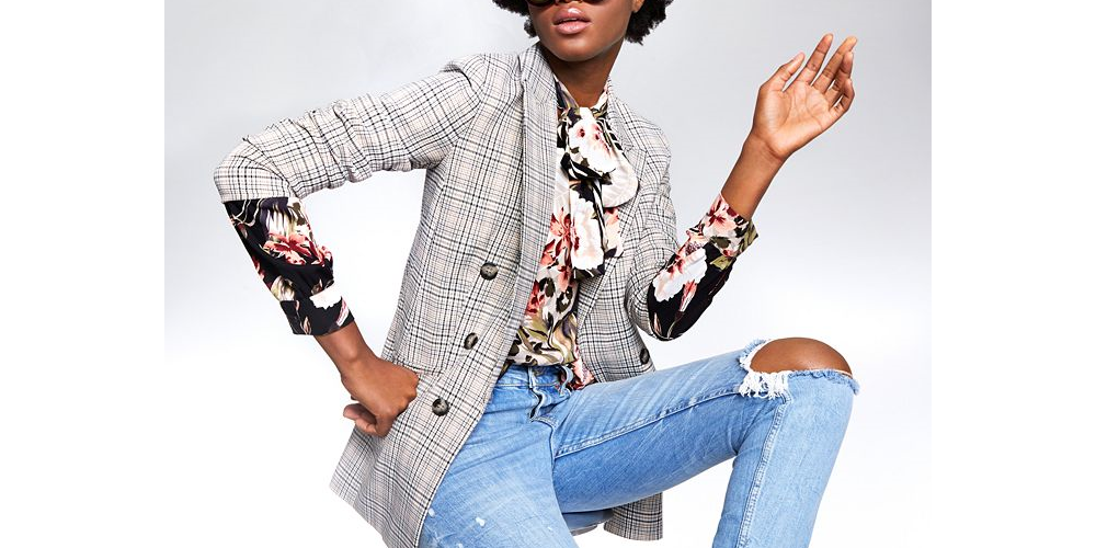 Blazer xadrez feminino Bar III com frente aberta, cinza, tamanho médio