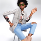 Blazer xadrez feminino Bar III com frente aberta, cinza, tamanho médio