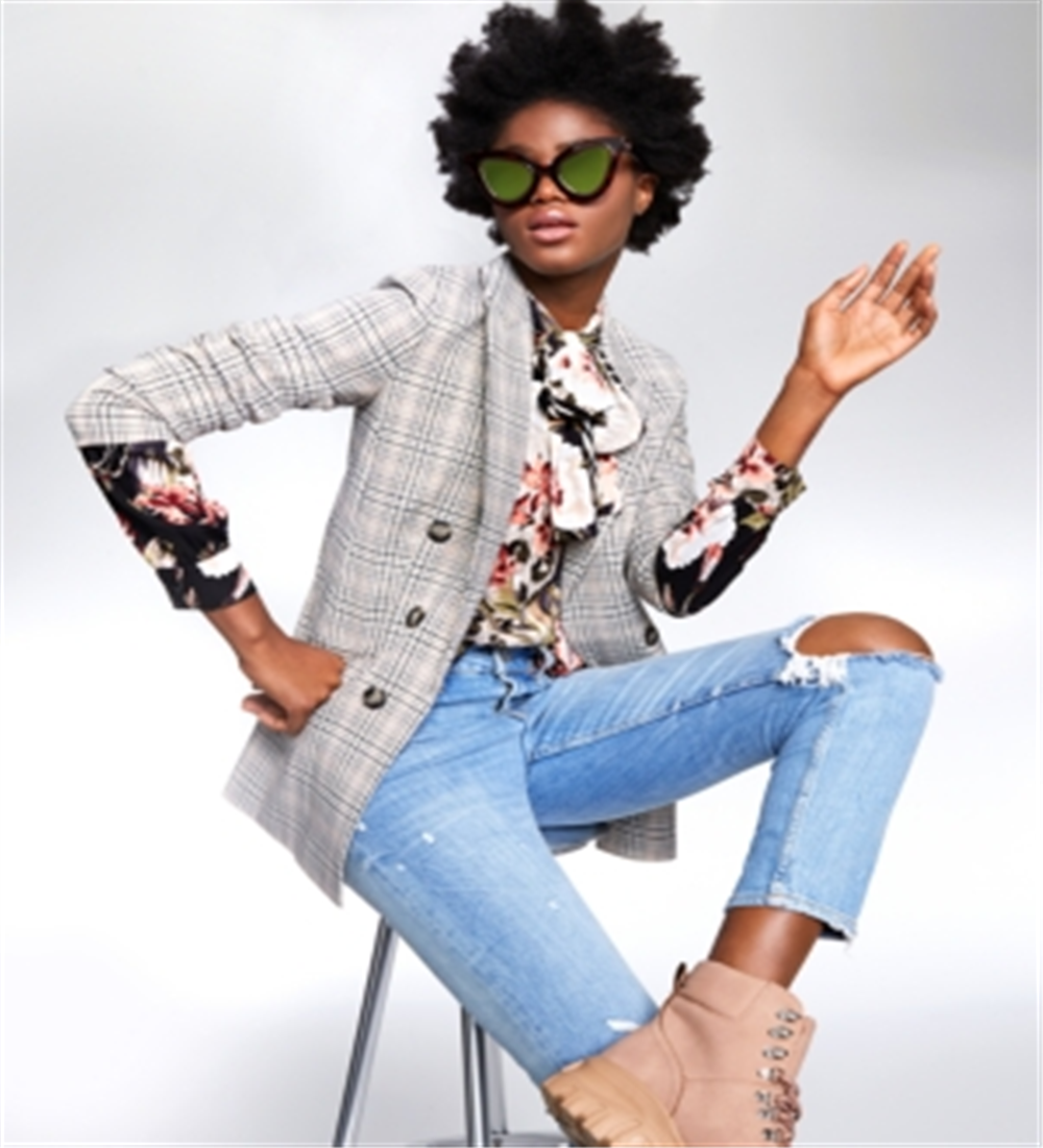 Blazer xadrez feminino Bar III com frente aberta, cinza, tamanho médio
