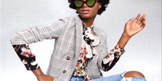 Blazer xadrez feminino Bar III com frente aberta, cinza, tamanho médio