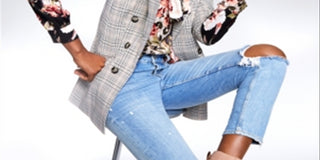 Blazer xadrez feminino Bar III com frente aberta, cinza, tamanho médio