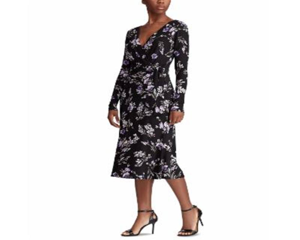 Vestido envelope feminino Ralph Lauren Coreen com decote em V floral, preto, tamanho 10